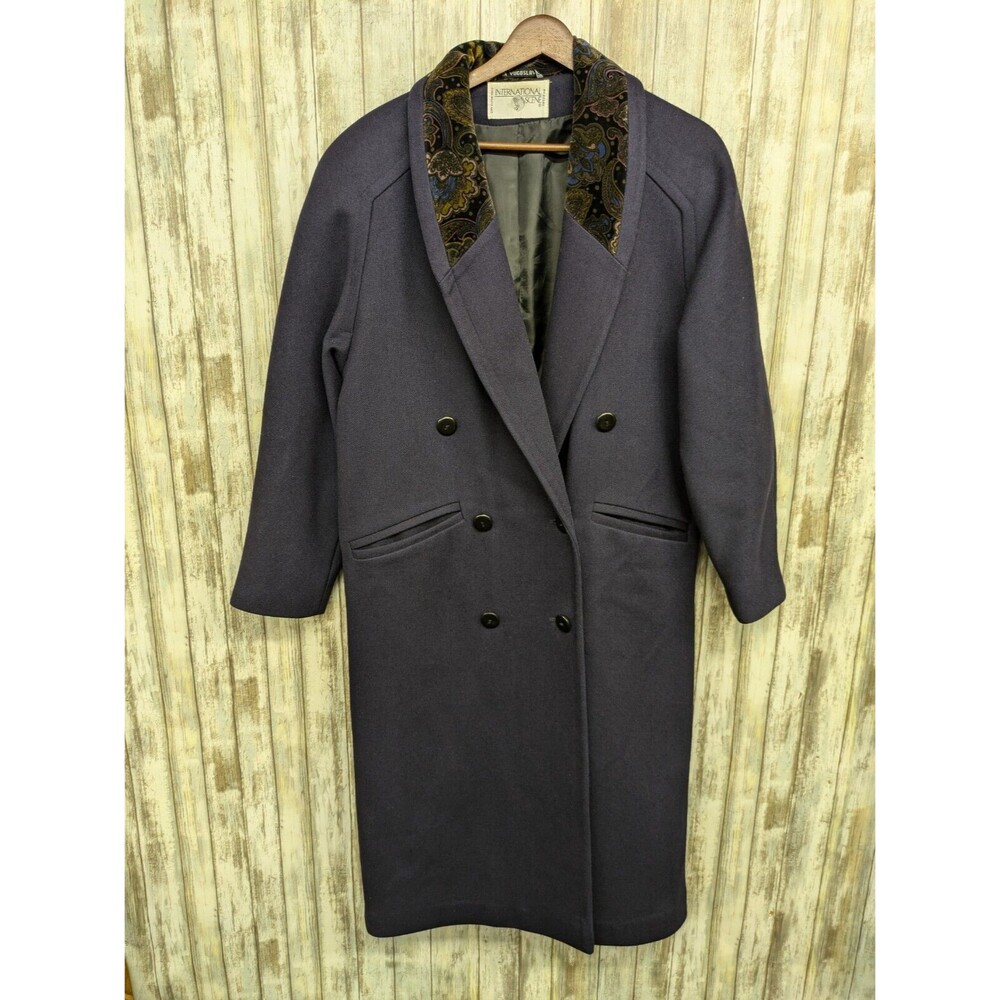 International Scene Women's Vintage Long Wool Coat Purple Velvet Collar Size 7/8
